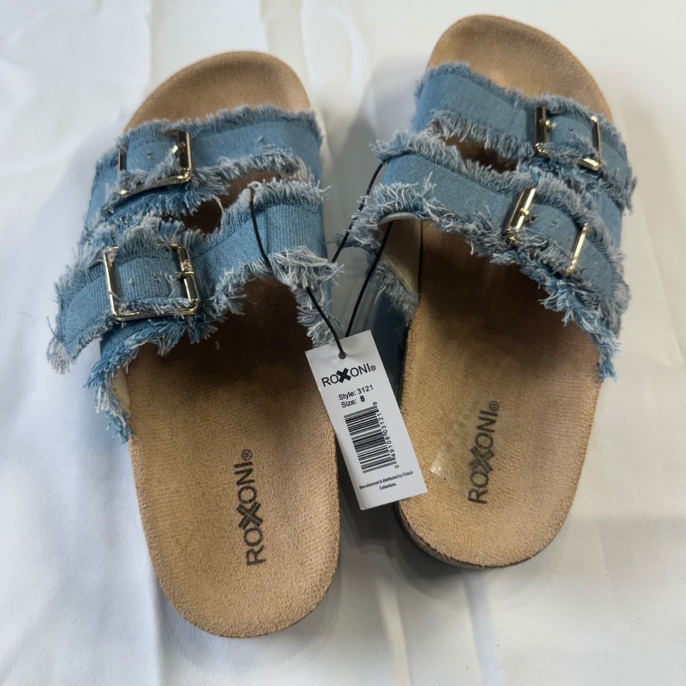Roxoni Womens Denim Frayed Double Buckle Slide Sandals Blue 3121 Size 8
